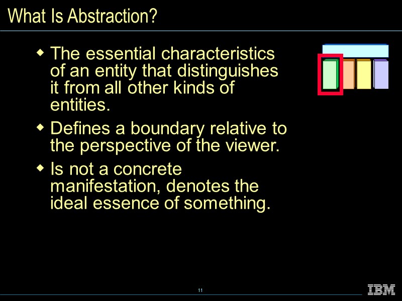 What Is Abstraction? The essential characteristics of an entity that distinguishes it from all